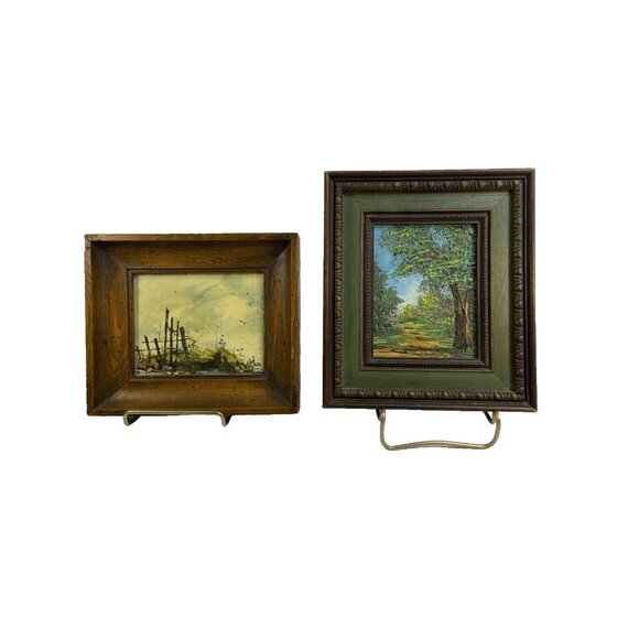 Pair Vintage Original Oil Painting Art Signed Small 7 x 8 in Framed Woods Beach - Picture 1 of 12